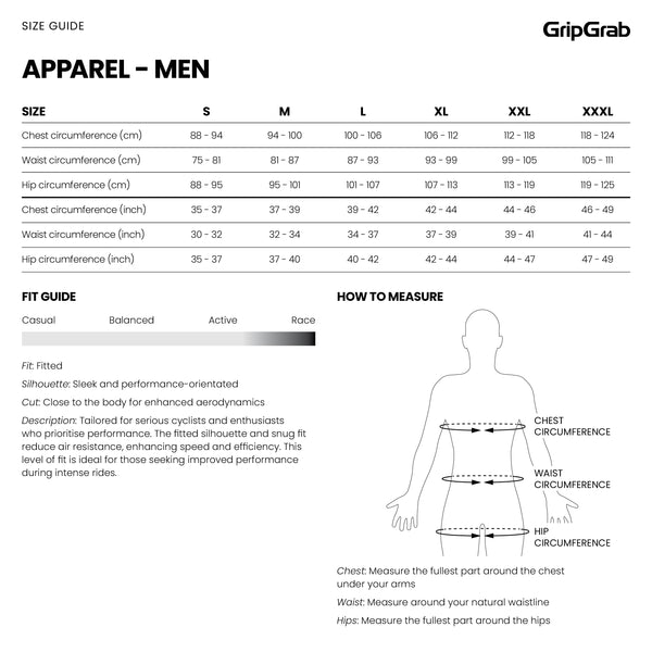 GripGrab Apparel Men's SIze Guide