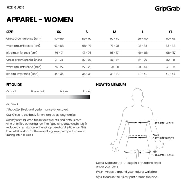 GripGrab Apparel Size Guide Womens